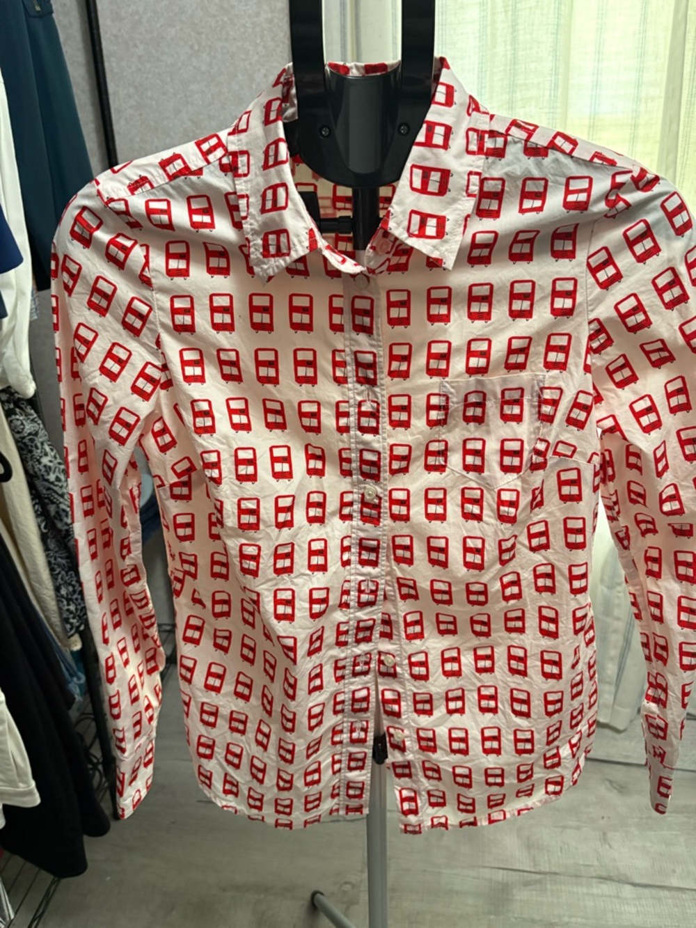 Women’s  Boden White Button-Up Shirt with Red Geometric Print